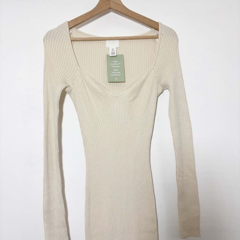 NWT H&M Ribbed Knit Bodycon Dress Long Sleeves Beige Sz S - Picture 3 of 14